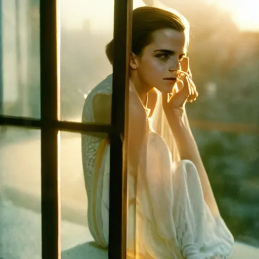 Photograph of Emma Watson smoking by the window. | Stable Diffusion