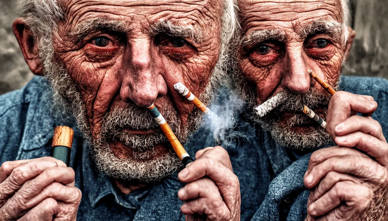 Image similar to hyper realistic color photo, portrait of a single weathered old man smoking pipe, dramatic shadow!!, full colour, upscale, 8 k, masterpiece