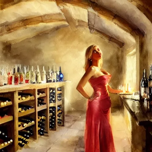 Image similar to beautiful blonde in hot dress in a wine cellar, food, pork, beer, schnapps, rustic, traditional, torches on the wall, watercolor by vladimir volegov and anders zorn, highly detailed, masterpiece