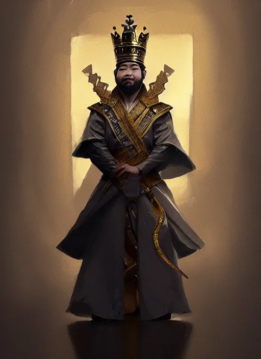 Image similar to gm hikaru nakamura dressed as a king, with a chess piece as a crown, artstation, extremely detailed artgerm, greg rutkowski