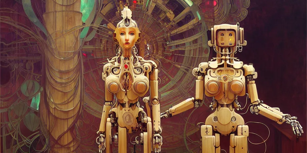 Image similar to octane render, ultra photorealistic, hyper detailed, unreal engine, a very very cute wooden mystical statue robot of the roman natural cyberpunk in a contemporary art gallery in neo tokyo artwork by alphonse mucha greg rutkowski