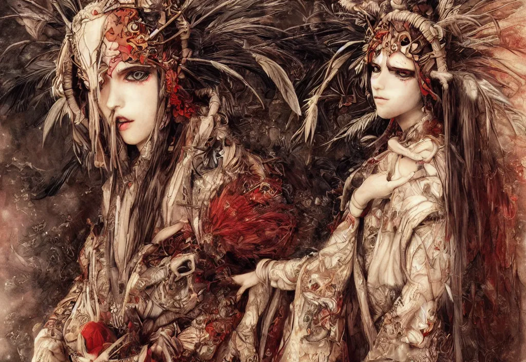 Prompt: breathtaking detailed painting of full size mononoke princess, by ayami kojima and brom, gauze angel dress, detailed realistic facial features, amalgamation of embers and feathers, 8 k, concept art, matte, sharp focus, rembrandt style