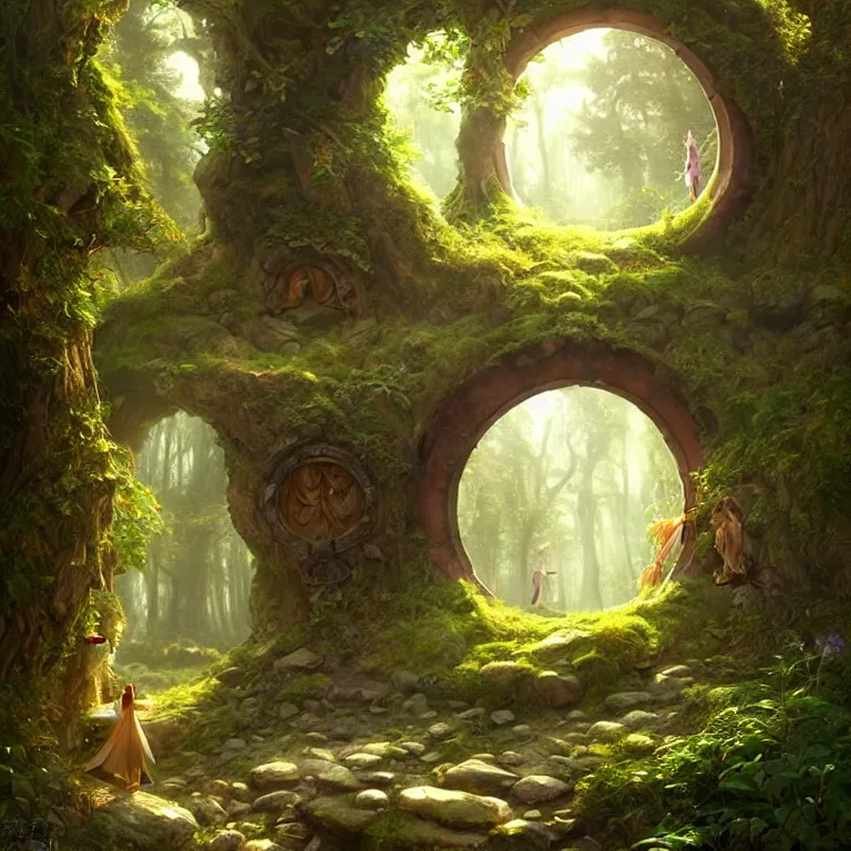 Image similar to Fantasy Magical fairy-tale stone portal in the forest. Round stone portal teleport in trees to other worlds. Fantastic landscape. Magic Altar in the fores, highly detailed, digital painting, artstation, concept art, smooth, sharp focus, illustration, art by artgerm and greg rutkowski and alphonse mucha