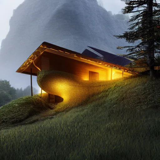 Image similar to small hillside house made of honey, modern lighting, hyper - realistic, hyper - detailed, 8 k, octane rendered, art nouveau, organic, flowing, impossible torsion, writhing, lush, dynamic