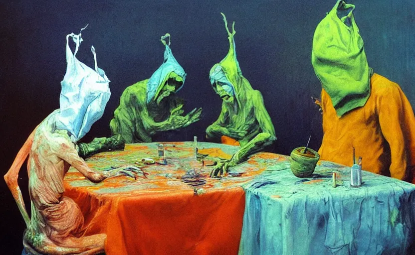 Prompt: people at the table, trash bag on head, blurred face, grotesque, doomed, acrylic paint, high resolution, gouache on canvas, ultra detailed, vibrant colors, grotesque, blue wrapped thermal background, art by francis bacon, beksinski painting