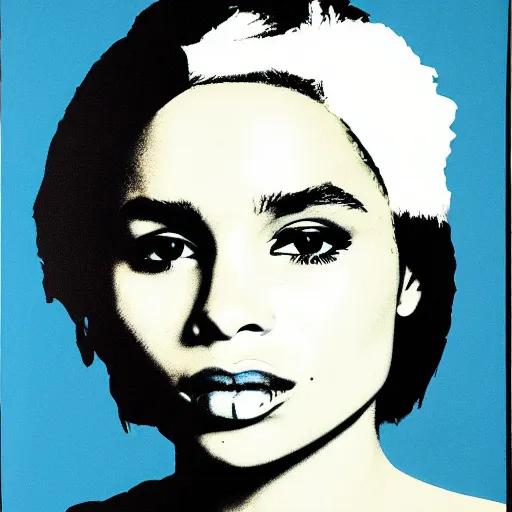 Image similar to screenprint solarized portrait of zoe kravitz by andy warhol