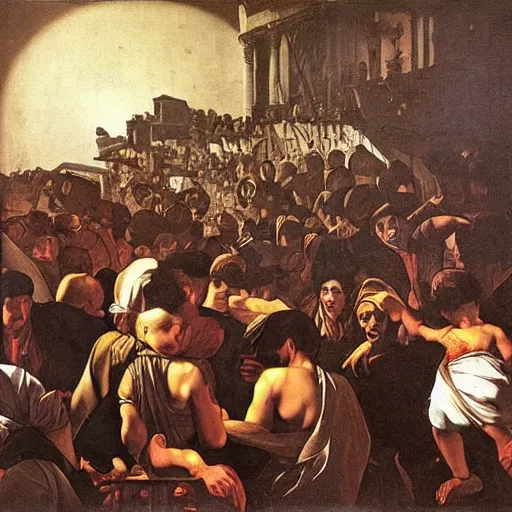 Prompt: painting of a giant octopus in an italian square crowded with frightened people in 1800s, Caravaggio