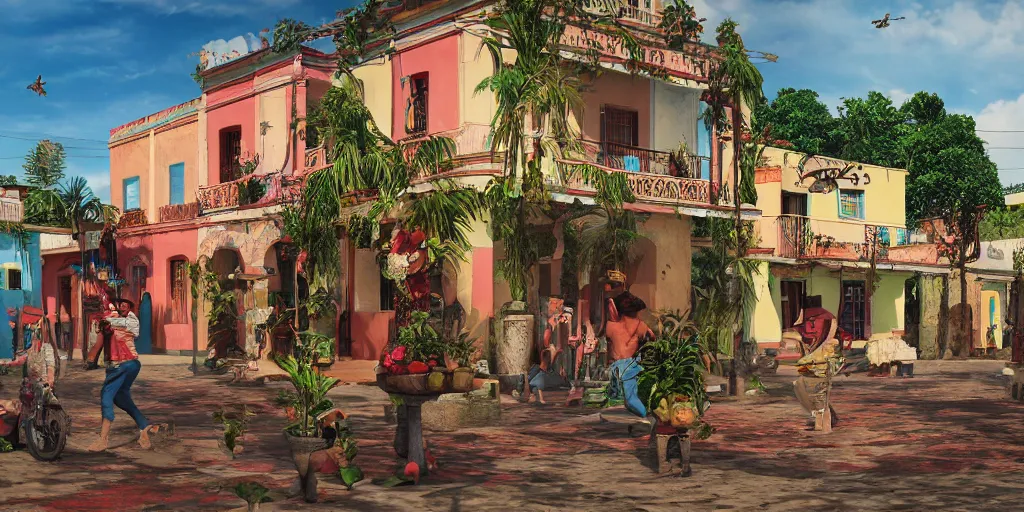 Image similar to An epic fantastic realism comic book style painting of the mexican colonial town environment with beautiful houses, exquisite bouquets from an happy culture, fisheye, unreal 5, DAZ, hyperrealistic, octane render, dynamic lighting