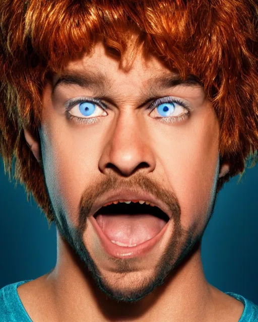 Image similar to dramatically - lit closeup portrait photograph of shaggy from the scooby - doo live - action film ( 2 0 0 2 ), sharp details, vignette, high saturation, smooth textured skin, subsurface scattering, photograph by mark mann and martin schoeller, 4 k, soft focus
