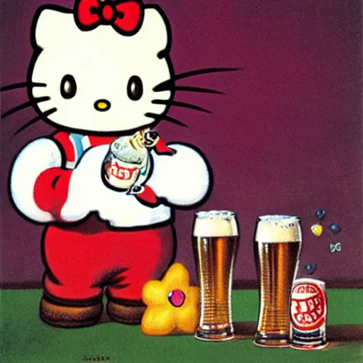 Prompt: Hello Kitty drinking beer, artwork by Earl Norem,