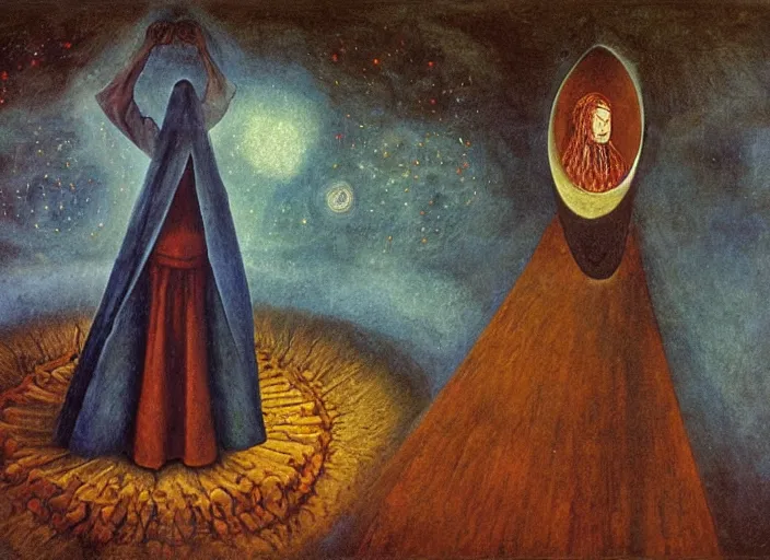 Image similar to a shaman priest holding up the universe, by remedios varo, reflection, symbolist, soft colors, dramatic lighting, smooth, sharp focus, extremely detailed, aesthetically pleasing composition