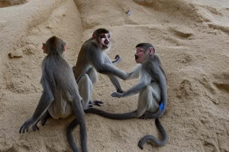 Image similar to full view of monkeys touching a castle made of sand