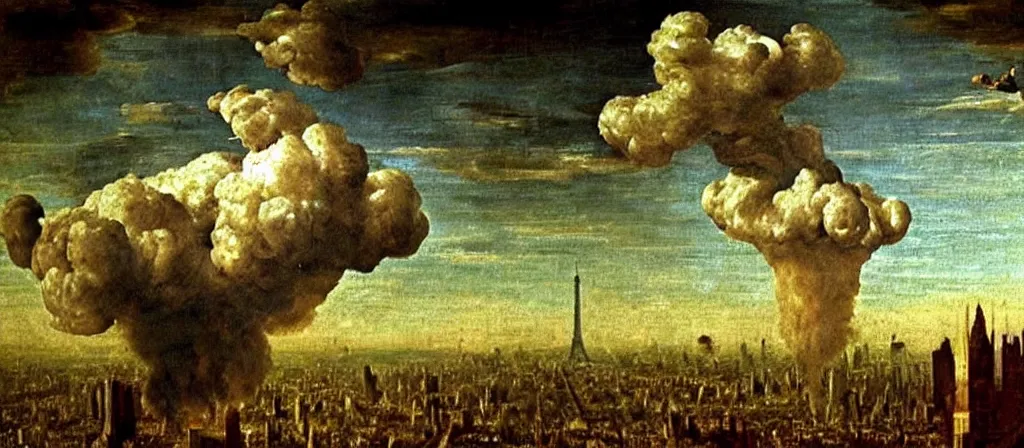 Image similar to nuclear mushroom cloud over the city of paris!!! renaissance painting!! majestic!! sad!