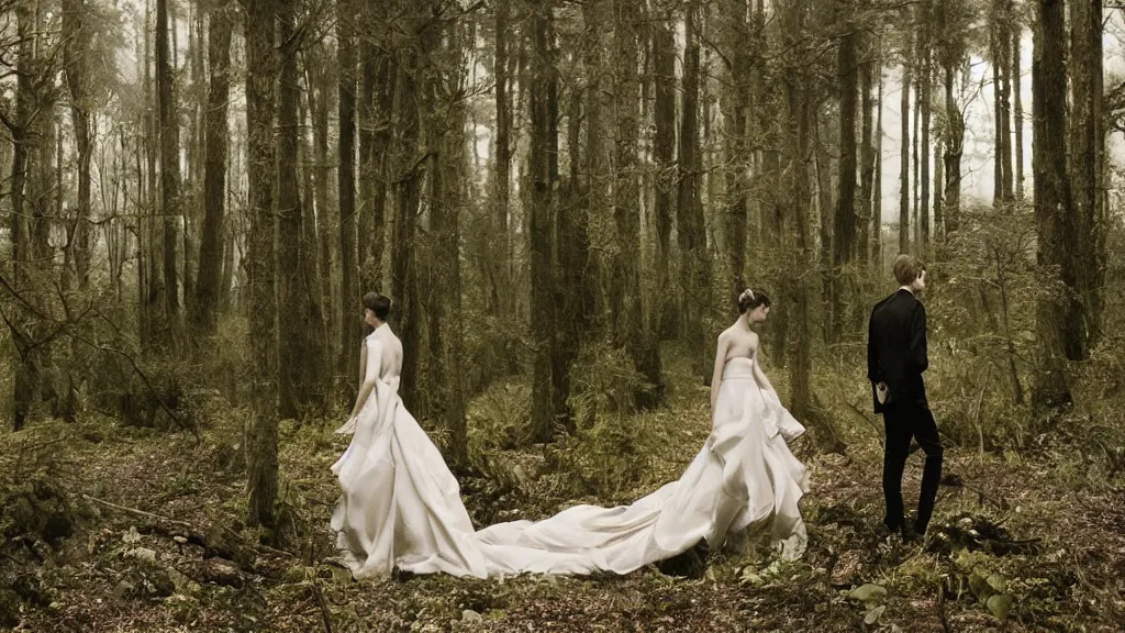 Image similar to surreal atmospheric vogue wedding photography in a forest by paolo roversi, realistic