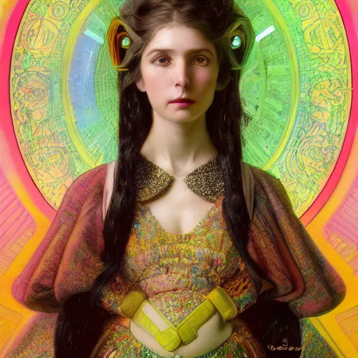 Image similar to a highly detailed portrait of a futuristic princess, neon colored dress, beautiful detail and color, art by john collier and albert aublet and krenz cushart and artem demura and alphonse mucha, volumetric lighting, octane render, 4 k resolution, matte, sharp focus, illustration, art by jacque - louis david, baroque style