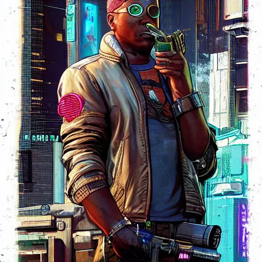 Image similar to Chidi. cyberpunk mercenary smoking a cigar. Style of James Gurney and Mœbius. (Cyberpunk 2077. Blade Runner. Apex Legends. The matrix)