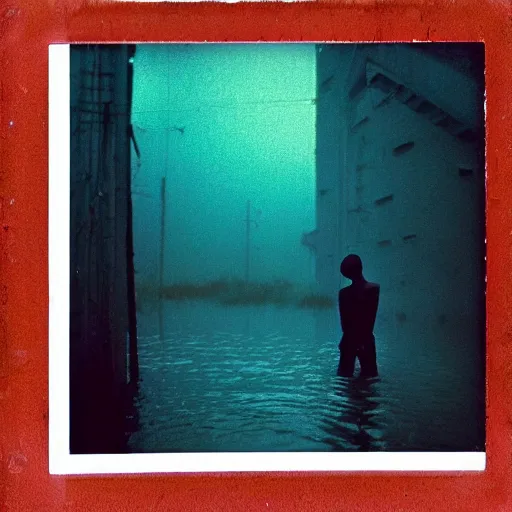 Image similar to polaroid by andrei tarkovsky, surreal fever ray video of flooded, burning suburb with wandering figures, rim light, shot at night with studio lights, liminal space, photorealistic, high definition, technicolor, award - winning photography, masterpiece, amazing colors,
