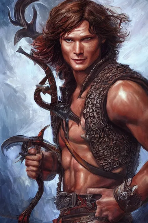 Image similar to portrait of attractive sam winchester as a rogue scotish warrior from the xii century, muscular body tattooed, d & d!, fantasy style, sharp focus!, ultra detailed, art by artgerm and peter andrew jones, wlop