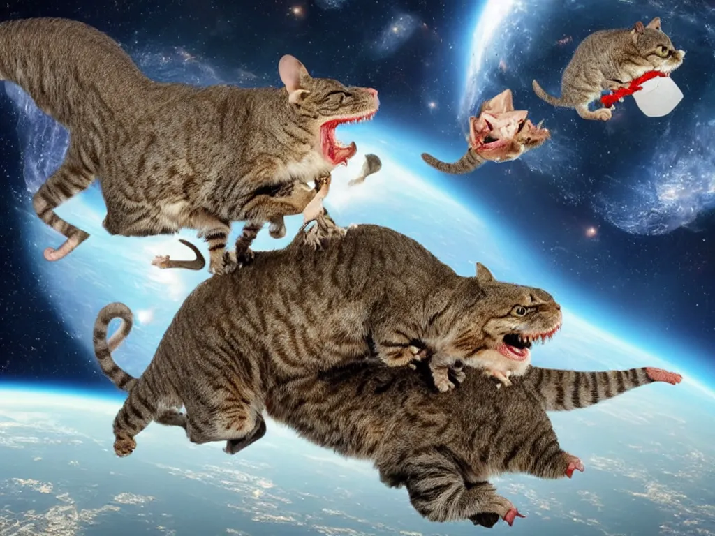 Image similar to a cat eating a mouse on top on a t-rex in space