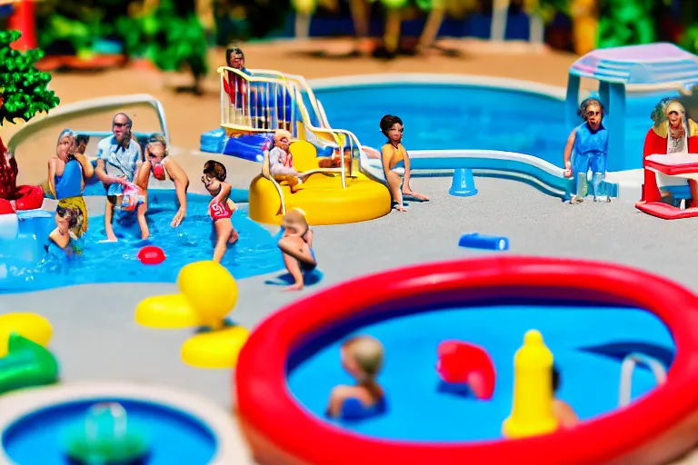 Image similar to fisher price public pool, california, in 2 0 1 5, perfect focus, scene from tv show hyper detailed 5 5 mm 8 5 mm, toy photography, made out of plastic