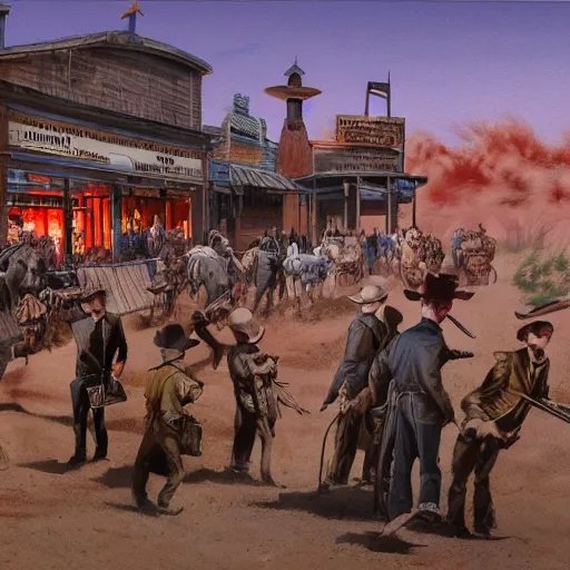 Image similar to detailed details photorealistic historical image of a wild west shootout in the town of tombstone in the style of bob peak and alex ross and moebius and jean giraud and artgerm, gouache and wash paints color and banksy, detailed details facial and body and human and environments and proportionate, detailed 5 k details.