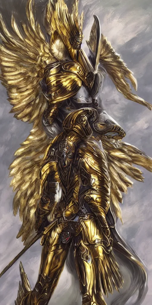 Image similar to fantasy angel warrior in armor with bright gold wings, epic flying pose, full length portrait, art, paint, fine details