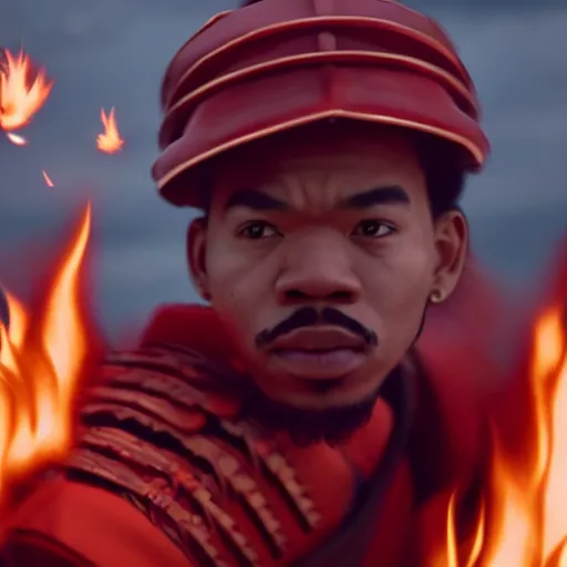 Image similar to cinematic film still of Chance The Rapper starring as a Samurai holding fire, Japanese CGI, VFX, 2022, 40mm lens, shallow depth of field, film photography