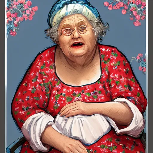 Image similar to of a very funny 3 d cinematic scene. a sweet fat old woman is in love with her self. flowery dress. symmetrical face, red mouth, blue eyes. a flowery dress. deep focus, lovely scene. artstation. unreal engine. pencil and ink. goya painting style.