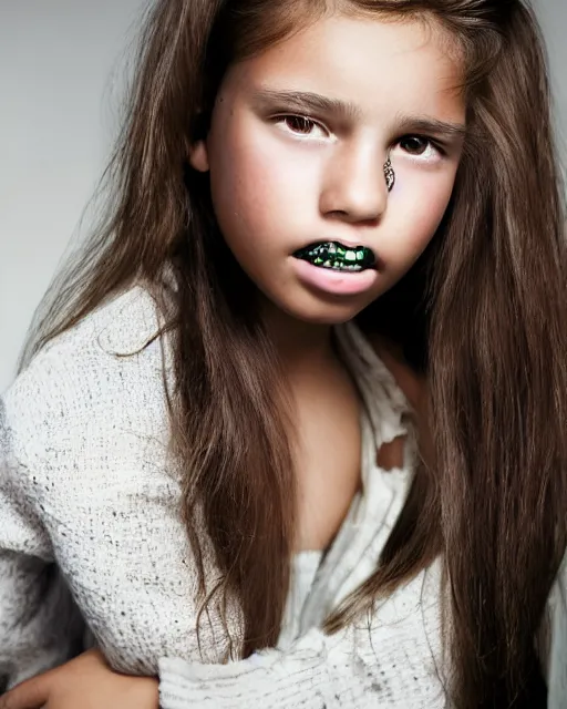 Image similar to photo portrait 1 5 - year old girl with lush brown hair, large front teeth, and bright piercing brown eyes, hyper realistic face, beautiful eyes, by mario testino