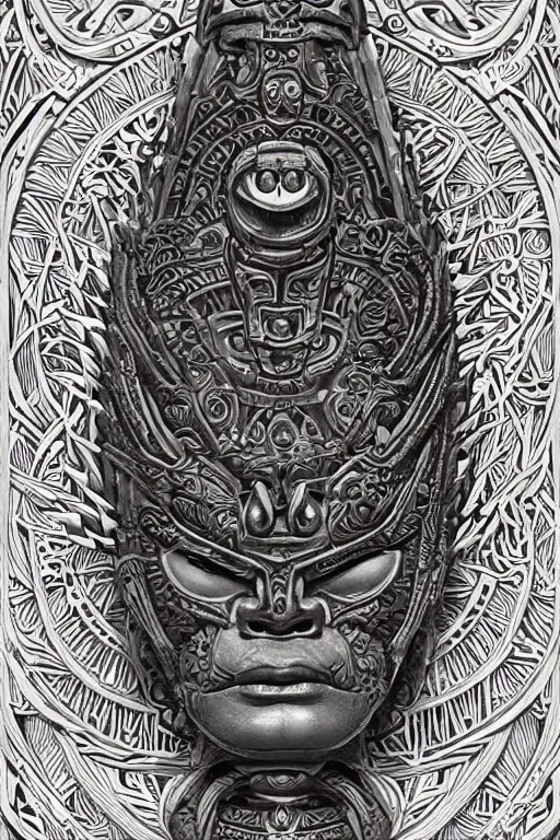 Prompt: ancient tiki maori tattoo totem deity symmetrical face high expression details, in style of dark fantasy art, in style of Midjourney, stylized, detailed and intricate, mandelbulber fractal, elegant, ornate, horror, elite, ominous, haunting, beautiful digital painting, cinematic, cgsociety, Zdizslaw Beksinski, James jean, Noah Bradley, Darius Zawadzki, vivid and vibrant outlines