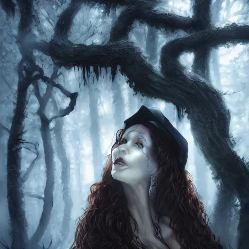 Image similar to head and shoulders portrait of a witch in a forest, dark fantasy, mystic, elegant, intricate, face, medium shot, trending on artstation, volumetric light, by Fernanda Suarez and Gil Elvgren