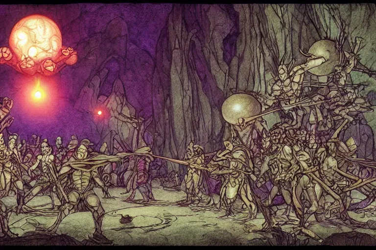 Prompt: goblins vs orbs epic battle, in the style of Greg Broadmore and Arthur Rackham and Moebius,trending on artstation, light lighting side view,digital art,surrealism ,macro,blueprint ,vaporwave ,