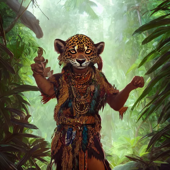 Image similar to character portrait feature of the anthro male anthropomorphic jaguar fursona animal person wearing shaman tribal outfit robes belt standing in the amazon rainforest, well framed character design stylized by charlie bowater, ross tran, artgerm, makoto shinkai, detailed, soft lighting, rendered in octane