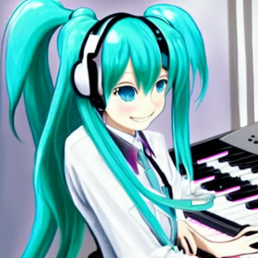 Image similar to hatsune miku using computer, smug face, painting by by ralph grady james, jean christian biville