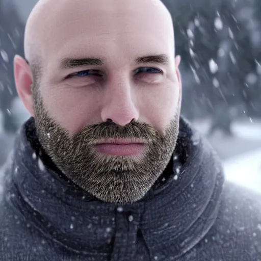 Prompt: Handsome bald white man in a snowstorm. High quality, ultra detail.