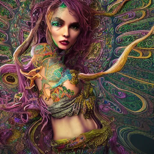 Prompt: beautiful witch, hyper detailed, flowing psychadelic background intricate and detailed, ornate 8 k gorgeous intricate detailed, octane render
