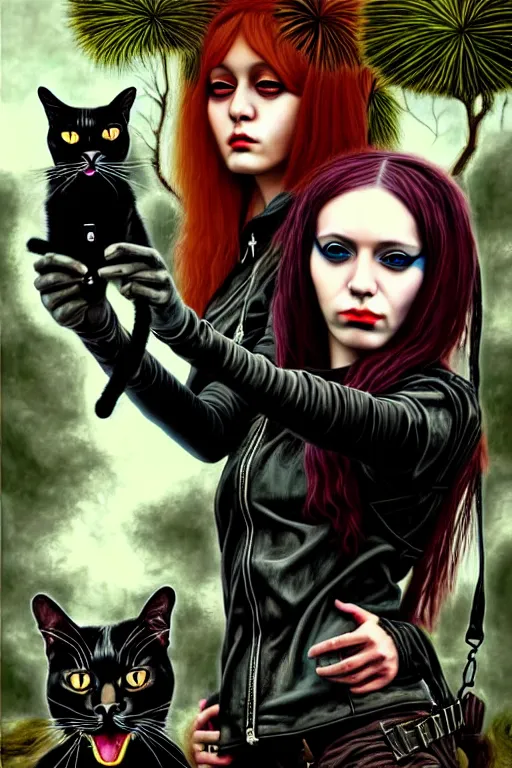 Image similar to punk rock girls making selfie with black cats in jungle , mad max jacket, post apocalyptic, renaissance, highly detailed, digital painting, 4k, oil painting by Leonardo Da Vinci, hyper realistic style, fantasy by Olga Fedorova