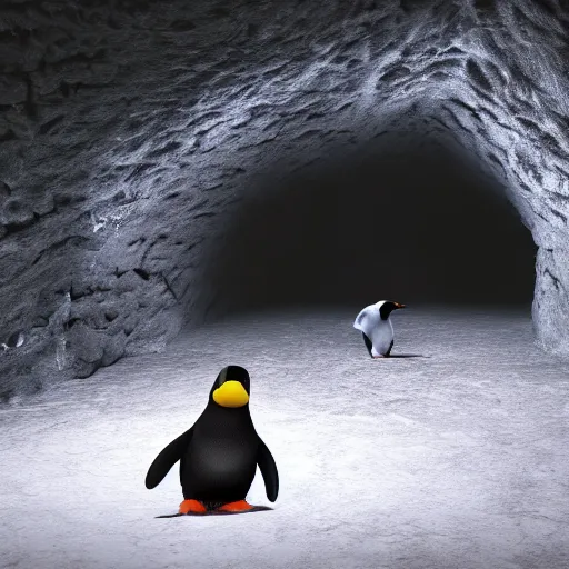 Image similar to lonely penguin playing in a cave, abandoned by its herd, cinematic lighting, 4k painting