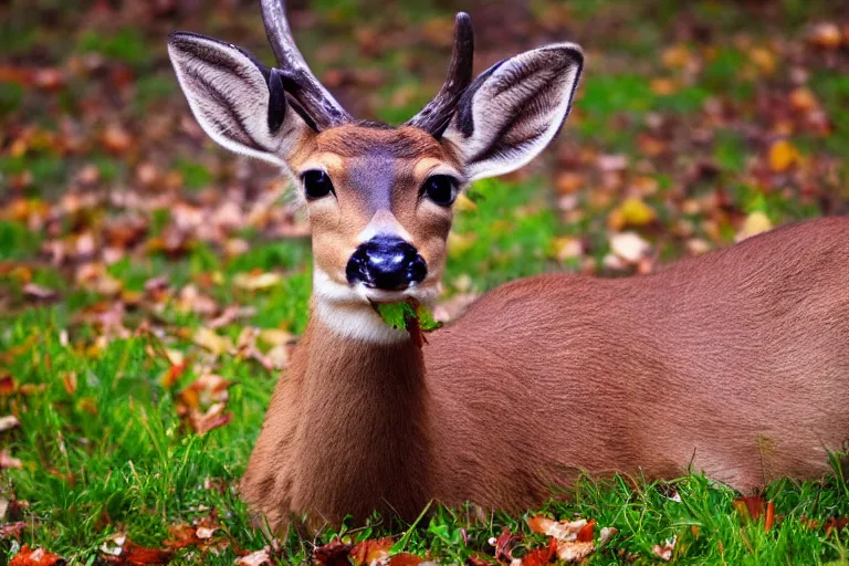Prompt: a cute anthropomorphic deer eating a leaf, photo, 4K