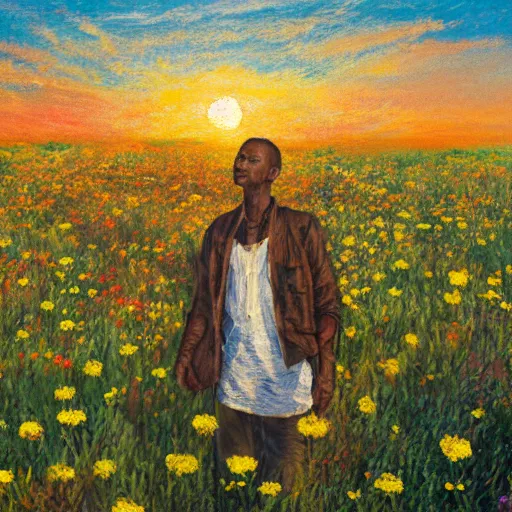 Prompt: an east african man in a vast field of flowers, looking off into the sunset, relaxing, wide shot, golden hour, vintage, impressionist painting, fine art, oil painting, dreamy, pastel, laughing, happy, intricate details, sharp, peaceful, serene