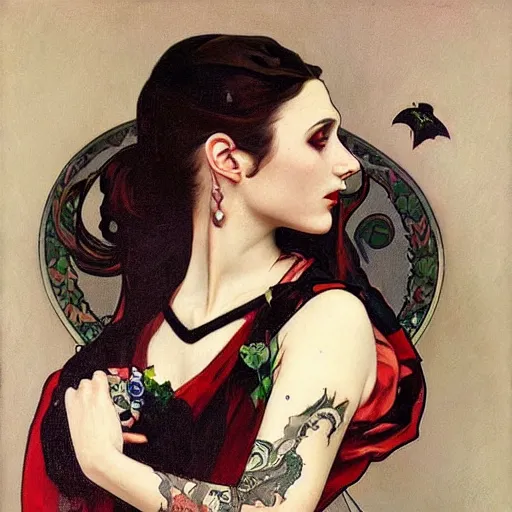 Image similar to A beautiful painting of a lady vampire, colorful arm tattoo, victorian, dracula, ominous, oil on canvas, photorealism, alphonse mucha, caravaggio, irwin penn, high definition, soft light