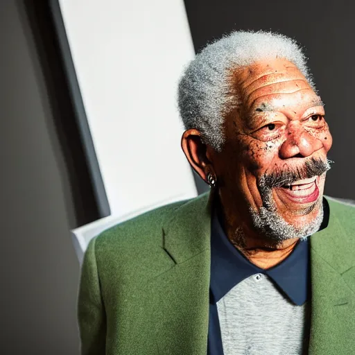 Image similar to a studio photograph of Morgan Freeman dressed as Travis Scott, 40mm lens, shallow depth of field, split lighting