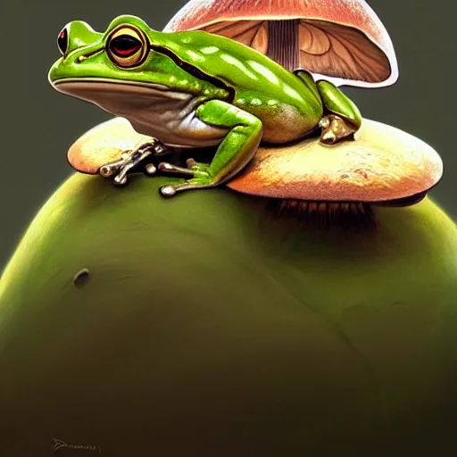 Image similar to a frog sitting on a mushroom, intricate, highly detailed, digital painting, artstation, concept art, smooth, sharp focus, illustration, unreal engine 5, 8 k, art by artgerm and greg rutkowski and alphonse mucha