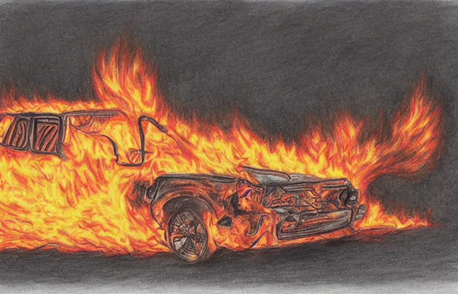 Image similar to car on fire, primitive colored pencil drawing