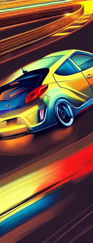 Image similar to hyundai veloster n racing down tokyo highway at night, digital art, super aesthetic, manga, realistic