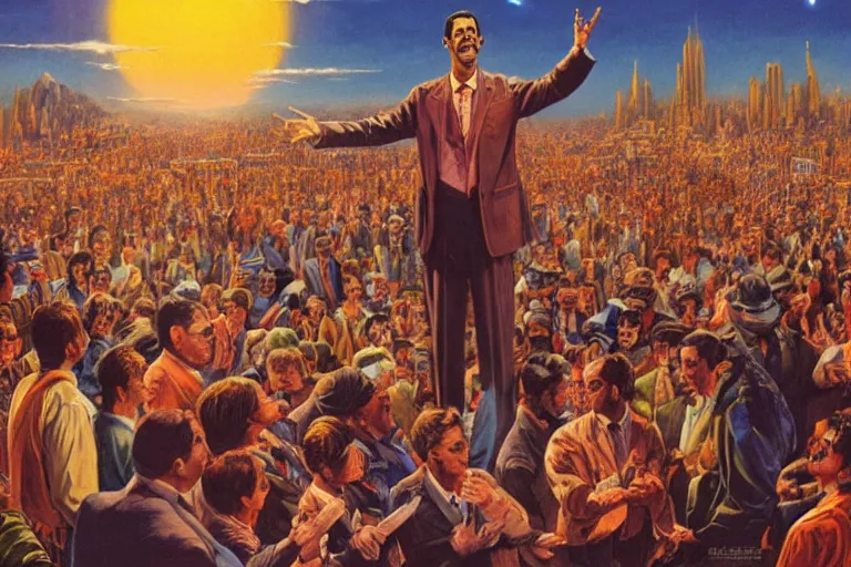 Prompt: a picture of a happy subgenius - salesman at a alter speaking to a crowd of cultists trowing dollars, bright stars in the sky, sunrise, a detailed matte painting by mort kunstler, pixiv, kitsch movement, city background, movie poster, official art
