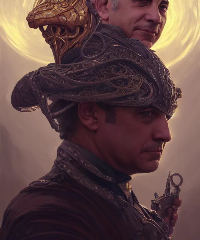 Prompt: Benjamin Netanyahu as a fantasy magic man portrait, sci-fi, amber eyes, face, long hair, fantasy, intricate, elegant, highly detailed, digital painting, artstation, concept art, smooth, sharp focus, illustration, art by artgerm and greg rutkowski and alphonse mucha