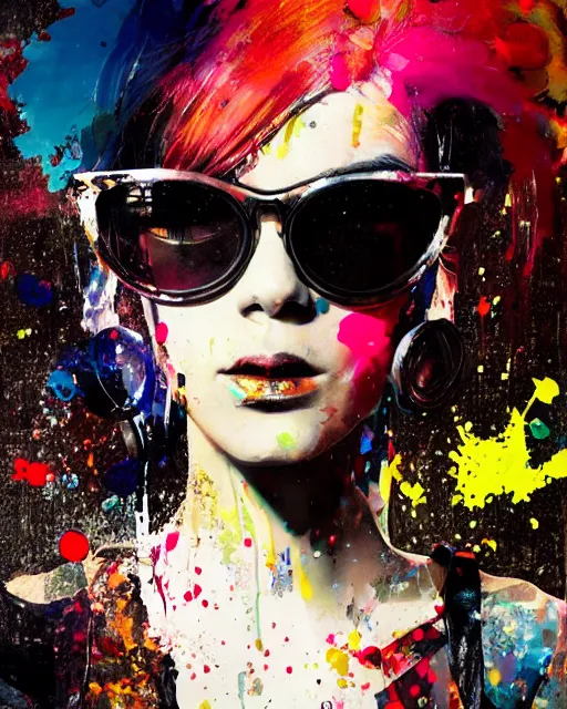 Prompt: a punk girl wearing circular glasses, side portrait, defiant, passionate, spotlight, paint drips, glitching paint splatter, vibrant colors, dramatic, canvas texture, futuristic clothing, digital painting by marco paludet, by jeremy mann