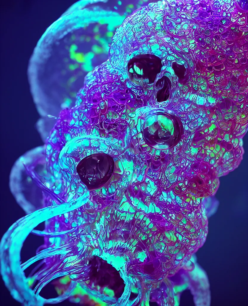 Image similar to close-up portrait of skull dichroic orchid jellyfish skull, betta fish, bioluminiscent creatures, intricate artwork by Tooth Wu and wlop and beeple. octane render, trending on artstation, greg rutkowski very coherent symmetrical artwork. cinematic, hyper realism, high detail, octane render, 8k