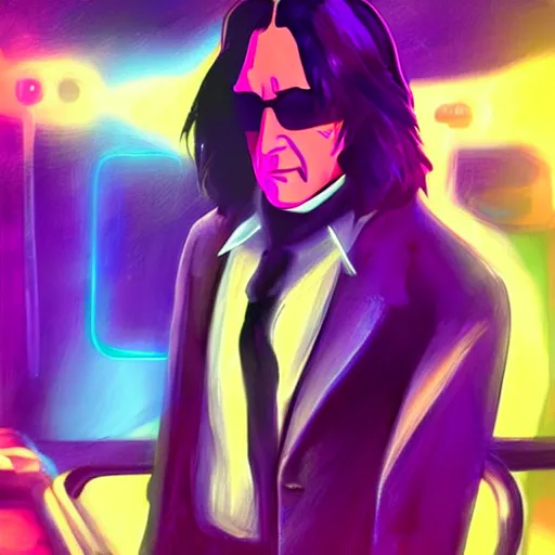 Prompt: Severus Snape is dancing in a disco bar, realistic, digital painting, artstation, neon lighting, cyberpunk
